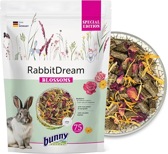 Bunny Nature Rabbit Food Pellets RabbitDream Blossoms, 63 Herbs, Rose Petals, Marigold, Papaya, High Fiber, Grain Free, Digestive Health, Skin & Coat - 3.3 lbs