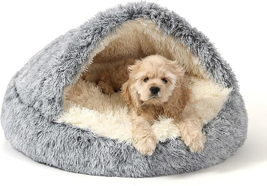 NOYAL Round Hooded Donut Dog Bed for Small & Medium Pets - Plush Fluffy Anti-Anxiety Cat Cave Bed with Cover