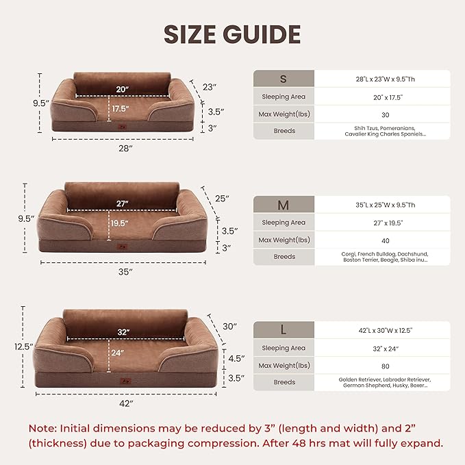 Orthopedic Dog Beds for Large Sized Dogs, Waterproof Egg-Crate Foam Pet Couch Bed with Soft Sides, Non-Slip Dog Sofa with Flannel Removable Washable Cover, 35" L Supportive Pet Sofa, Brown