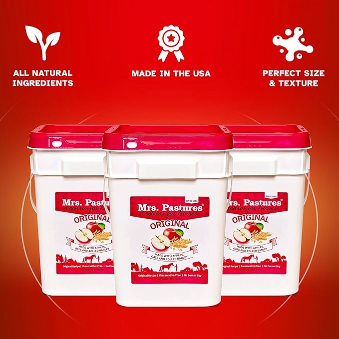 Mrs Pastures Cookies and Treats for Horses - Premium Horse Treats - Made with Apples, Oats, and Rolled Barley - Preservative Free - All Natural Ingredients - No Corn or Soy (15lb Bucket)