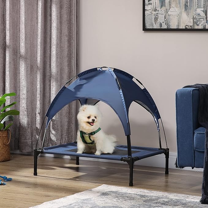 PawHut Elevated Dog Bed with Removable Canopy, Outdoor Dog Cot with UV Protection Canopy Shade, 30 inch Pet Bed for Camping, Dark Blue