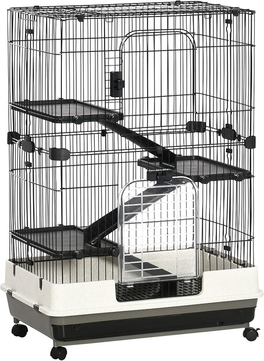 PawHut 4-Level Small Animal Cage Rabbit Hutch with Wheels, Removable Tray, Platform and Ramp for Bunny, Chinchillas, Ferret, Black