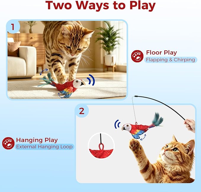 Interactive Bird Cat Toy for Indoor Cats, Flapping Wings and Moving Tail, Auto Chirping Cat Toy, Touch Activated Rechargeable Self Play Cat Kicker Toy, with 5 Bird Covers and Catnip Pouches - Image 6