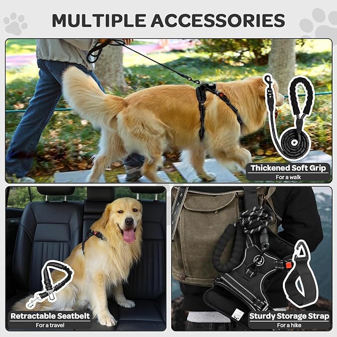 FURRYFECTION Plaid Dog Harness for Small Dogs, Reflective No Pull Adjustable Pet Vest with Front Clip, Leash, Easy Control Handle and Seat Belt, Black, S