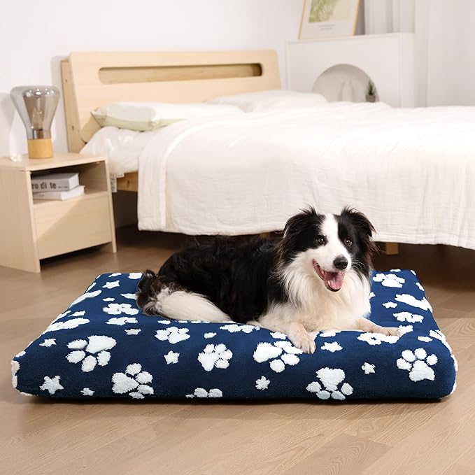 Dog Beds for Large Dogs, Cute Thick Dog Bed for Crate Kennel, Fluffy Pet Bed with Removable Washable Cover and Anti-Slip Bottom, 35"x 22", Navy Paw