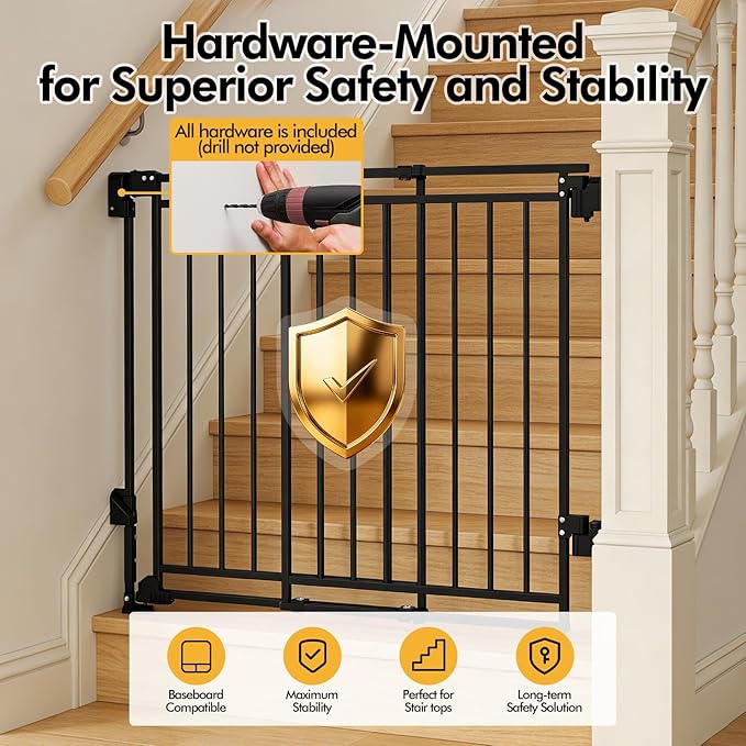 Extra Tall Baby Gate for Stairs Doorways & Kitchen, 26.4"-43" W x 39" H, No Bottom Bar Dog Gate, One-Handed Auto-Close, Hardware Mount Safety Gate for Dogs & Toddlers, Black
