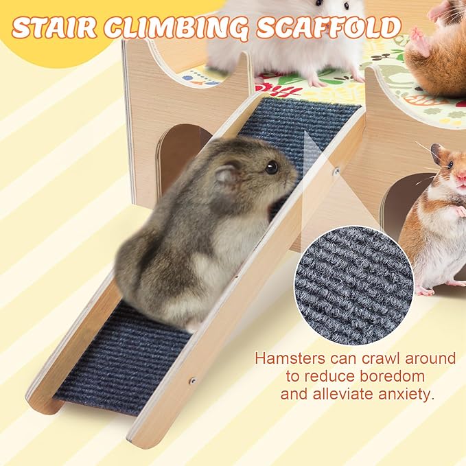 Wooden Hamster House Hideout, Natural Wood Small Animal Hut with Stairs, Cute Hamster Cage Accessories Habitat for Hamsters, Guinea Pigs, Chinchillas, Gerbils, Rabbits, and Other Small Pets