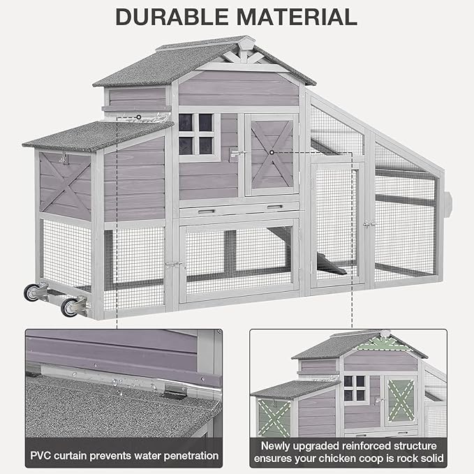 Mobile Chicken Coop with Wheels, Wooden Chicken House with Run, Large Hen Cage with UV Proof Roof and Leak-Proof Tray, Outdoor Chicken Coops with Nesting Box for 2-4 Chickens (Grey)