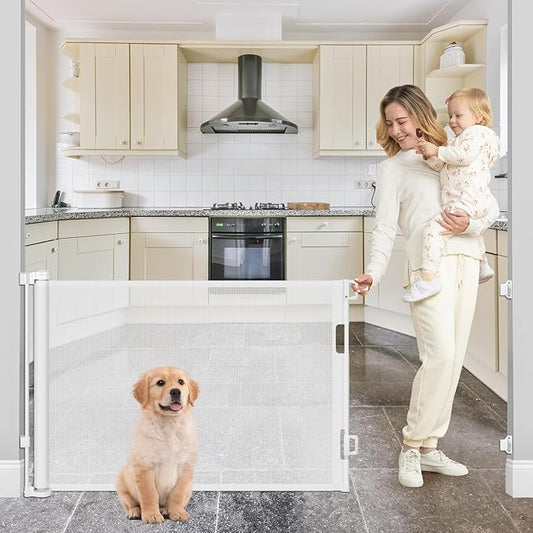 80 Inch Retractable Dog Gate for Doorways Retractable Mesh Baby Gate for Stairs 33” Tall Retractable Baby Gates Outdoor Deck Gate for Pets Barrier Retractable Gates for Dogs Indoor Child Safety Gate