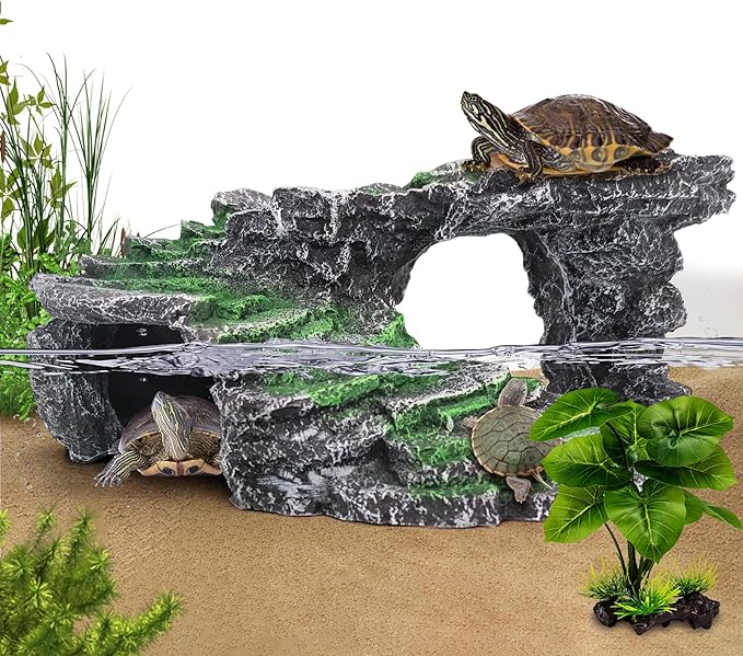 MoonOrange Turtle Basking Platform Kit, Reptile Habitat Hideout, Decorative Resin for Aquarium & Terrarium, Including Artificial Plant and Cleaning Brush. (B-Medium-Black)