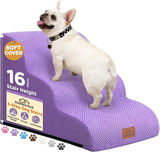 Zerbuger Dog Ramp and Stair for Bed 16" H-20 H,3-Step Cat Stair for Sofa and Chair,4-Step Dog Ramp for High Bed and Window,Durable Nonslip Fabric Stair for Indoor (Purple-16 H, Pet Friendly, 3)
