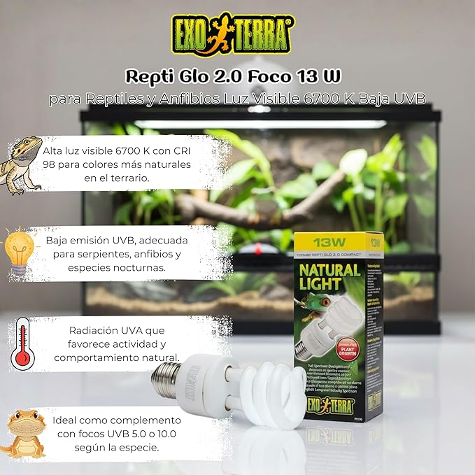 Exo Terra Repti-Glo 2.0 Compact Fluorescent Full Spectrum Terrarium Lamp, 13-Watt (Natural Light)