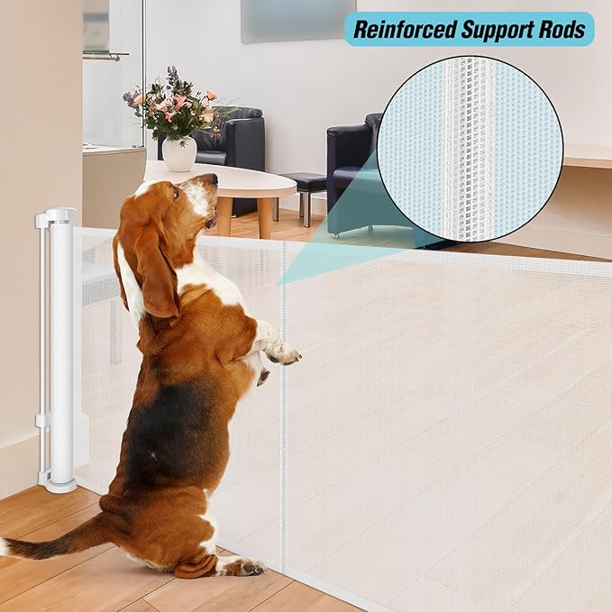 24 Inches Tall Retractable Dog Gate for The House, Short Baby Gates to Step Over, Extends up to 55" Wide, Reinforced Mesh Puppy Gate for Doorways, Step Over Pet Gate for Stairs, Indoor/Outdoor (White)