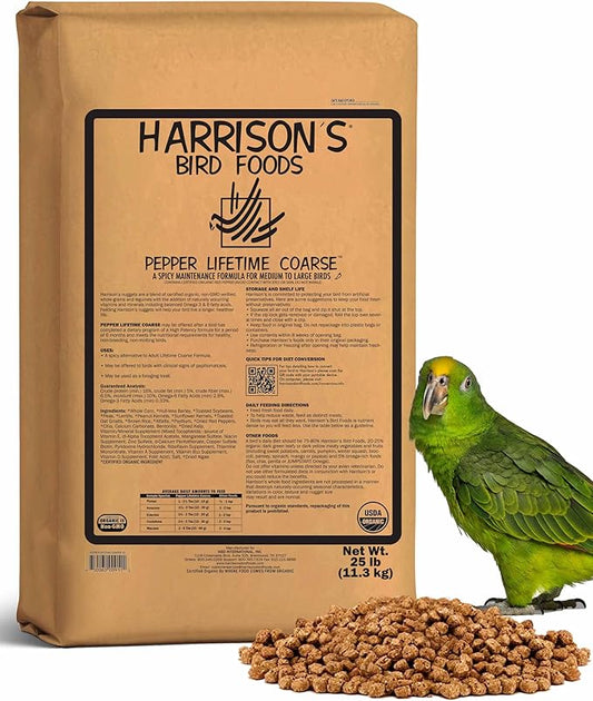 Harrison's Bird Foods Pepper Lifetime Coarse Certified Organic Non-GMO, Daily Pet Bird Food for Medium & Large Birds- Spicy Maintenance Formula for Parrots, Pinous, Eclectus, Macaws etc, 11.3kg / 25lb