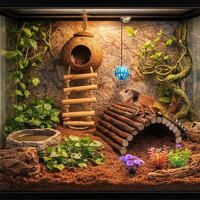 RUNANIA Crested Gecko Tank Accessories，Reptile Vines Plants with Coconut Shell Ladder Hideout Hermit Crab Decor for Bearded Dragon Lizard Chameleon Tortoise Snake