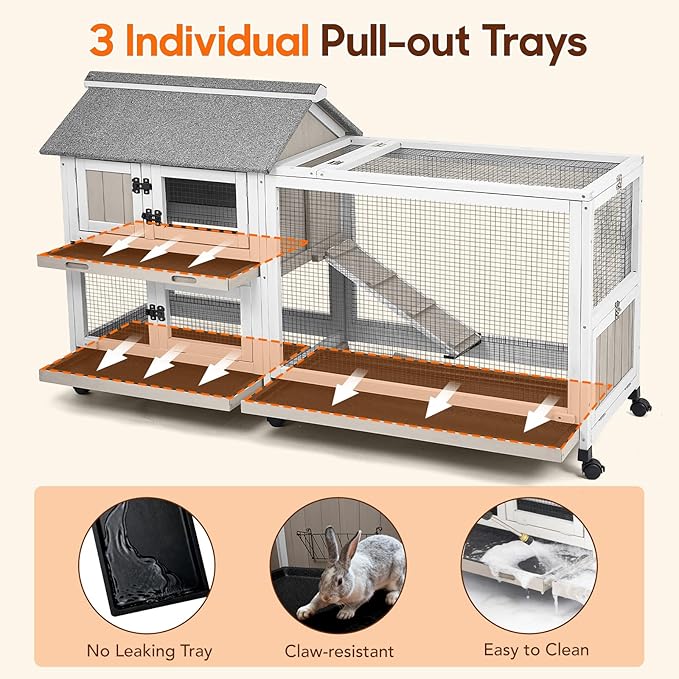 59 in Rabbit Hutch Indoor Bunny Cage, with 3 Leak-Proof Removable Trays, Expandable 2-Story Wooden Waterproof Roof Bunny House Outdoor Chicken Coop