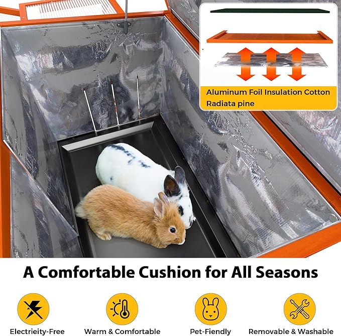 COZIWOW Large Wooden Rabbit Hutch Outdoor Indoor Bunny Cage, 2-Level Small Animal House Enclosure with All-Covered Sloped Roof (Orange with Warm)