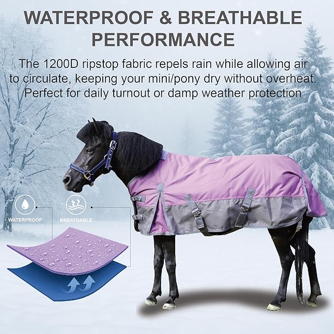 1200D Ripstop Mini Horse/Pony Blanket, Medium Weight 200g Fill - Waterproof Breathable Warm Winter Turnout Blanket for Foal/Weanling/Yearling/Donkey/Mule Violetgrey 54