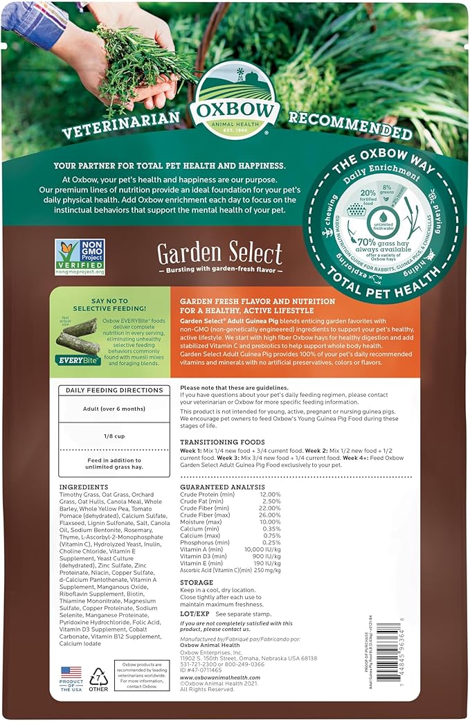 Oxbow Garden Select Guinea Pig Food,Adult,Made Timothy Hay for Guinea Pig,Pet Food Pellets with Vitamin C,Non-GMO,Small Animal Pet Products,Made in USA,High Fiber,8 lb. Bag,(Pack of 2)