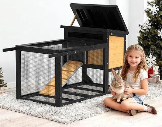 TIMHAKA 2-Story Rabbit Cage with Wheels, Bunny Hutch w/Chew-Proof Ramp, Indoor Outdoor Bunny Cage w/Leak-Proof Trays and Openable Waterproof Roof for Rabbits, Guinea Pig, Small Animal Yellow