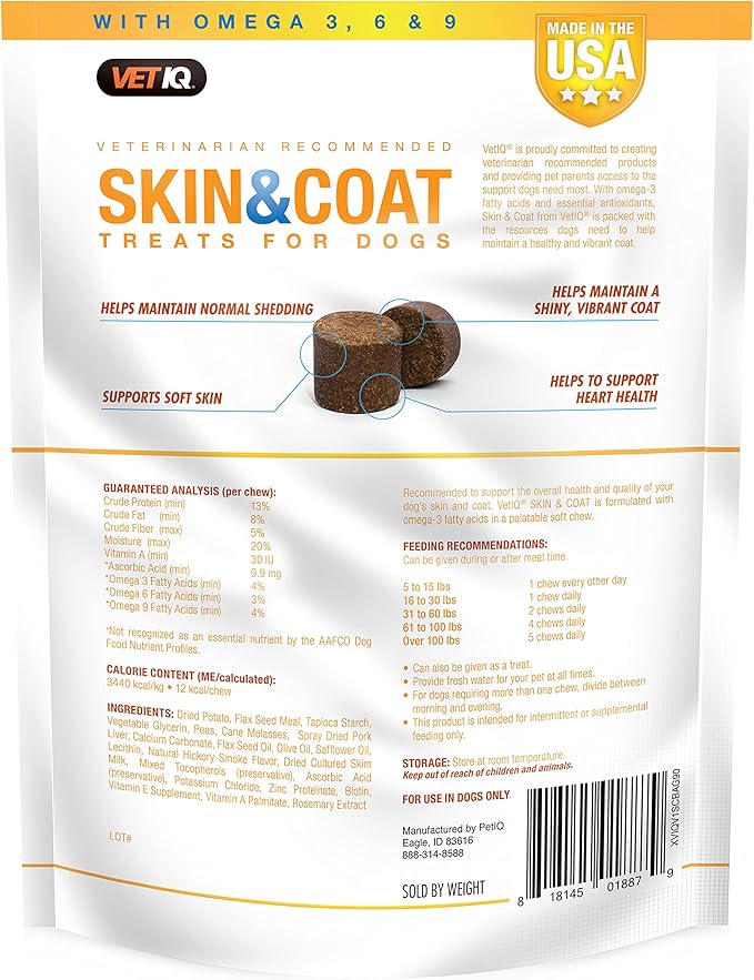 VetIQ Skin & Coat Supplement for Dogs, Healthy Skin & Coat Support Soft Chews, 90 Count