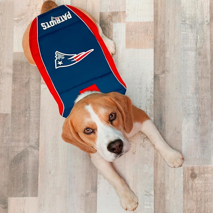 NFL New England Patriots Puffer Vest for Dogs & Cats, Size Medium. Warm, Cozy, and Waterproof Dog Coat, for Small and Large Dogs/Cats. Best NFL Licensed PET Warming Sports Jacket
