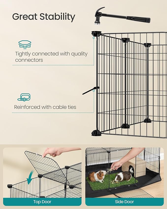 SONGMICS Guinea Pig Cage, Rabbit Cage, Small Animal Playpen with Waterproof Mat, Top and Side Door, 20 Panels, 48.4 x 24.8 x 16.3 Inches, Ink Black ULPI012BH01