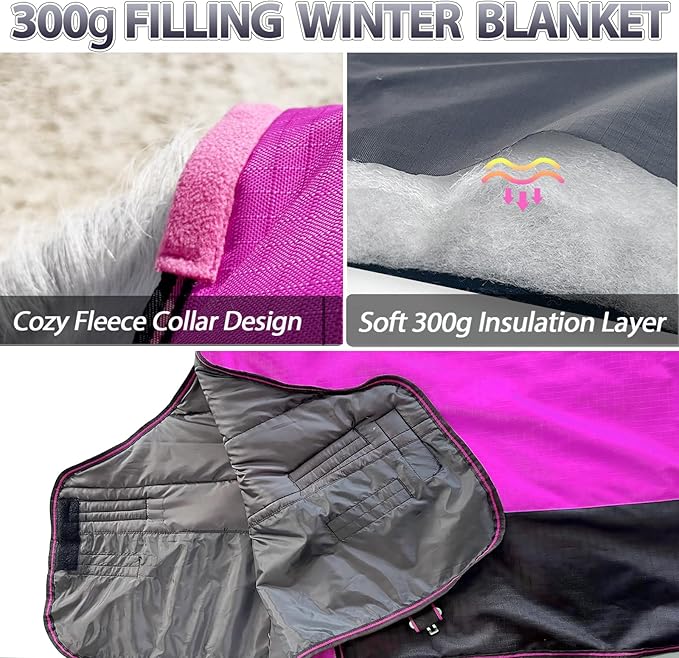 300g Fill 1200D Mid-Heavy Weight Winter Waterproof and Breathable Horse Blanket Belly Straps| Turnout Blankets with Reflective Strips (Hot Pink/Black, 72'')