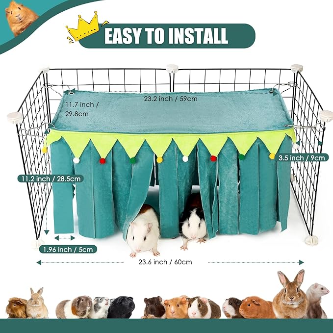 Guinea Pig Hideout - Guinea Pig Corner Hideout, Four-Sided Fringes, Rectangular Top and Washable Hides, Suitable Hides for Guinea Pigs and Rabbit, No Metal Fences, Green