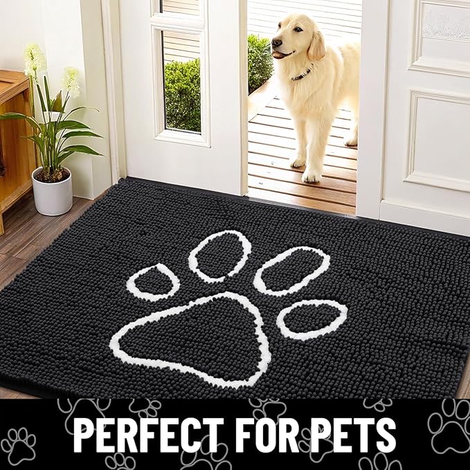 Smiry Dog Door Mat for Muddy Paws, Absorbent Dirt Trapper Non Slip Quick Dry Washable Chenille Mat for Mud Dogs, Entry Rug for Indoor and Outdoor (59x24 Inches, Black and White)