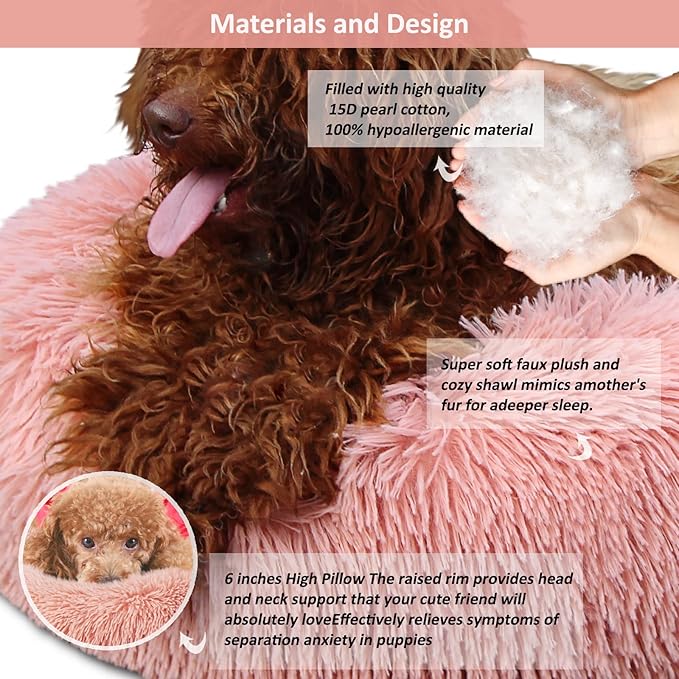 Extra Small Dog Bed 19 Inch,Calming Donut Puppy Bed,Ultra Soft Faux Fur Round Dog Bed for Chihuahua Yorkie Maltese Pomeranian,Pink