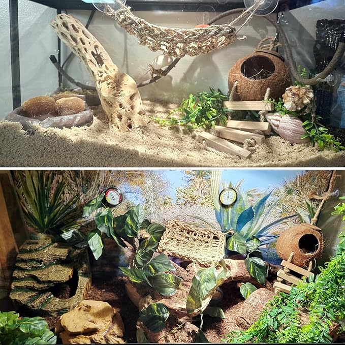 5PCS Coconut Hut for Gecko, Lizard Coco Den with Ladder and Reptile Hammock Bearded Dragon Tank Accessories Climbing Hanging Plants Jungle Vine Flexible Reptile Leaves Decor