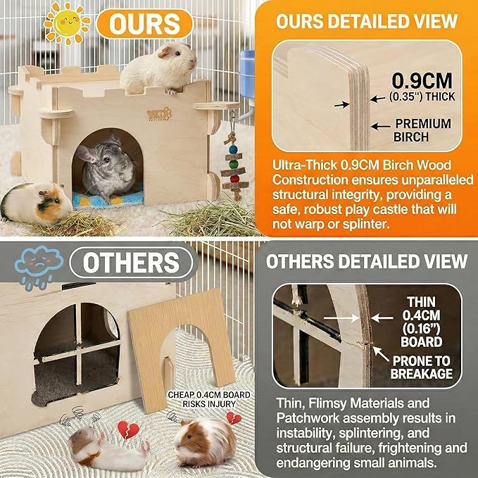YKD Castle Chinchilla House, Small Animal Hideout for Chinchilla, Guinea Pig, Hedgehog, or Rat, Ventilated Wooden Guinea Pig Hut Habitat with Multiple Doors (Medium)