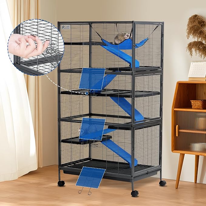 Polar Aurora Metal Small Animal Cage, 59" H Ferret Cage with Lockable Wheels, Deluxe Chinchilla Cages with Hammock and Removable Tray, 6 Tiers Animal Cages for Pets