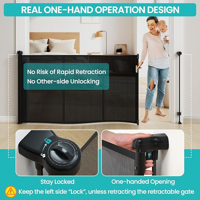Upgrade Retractable Baby Gates Extra Wide (120" W x 42" H), 120 inch Reinforced Retractable Dog Gate to Prevent Crawling Through, Retractable Gate Outdoor/Indoor, Real One-Handed Operation, Black