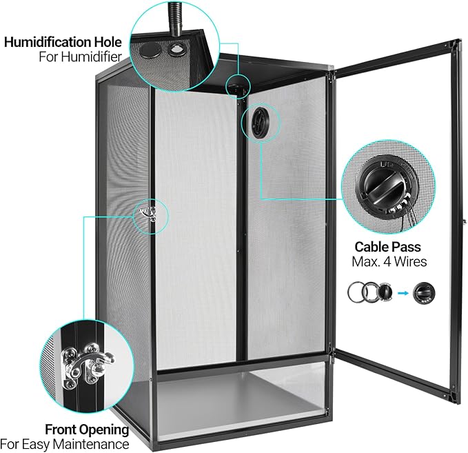 REPTI ZOO 16" x 16" x 30" Reptile Tank, Deluxe Foldable Screen Cage, 34 Gallon Vertical Terrarium with Fogger & Cable Pass, Tall Enclosure for Chameleon, Tree Frog, Crested Gecko, Arboreal Reptiles