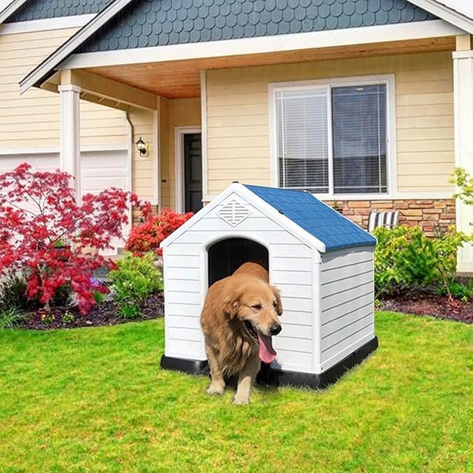 ZENY Plastic Dog House - Waterproof Dog Kennel with Air Vents and Elevated Floor All Weather Indoor Outdoor Insulated Doghouse Puppy Shelter, Easy to Assemble