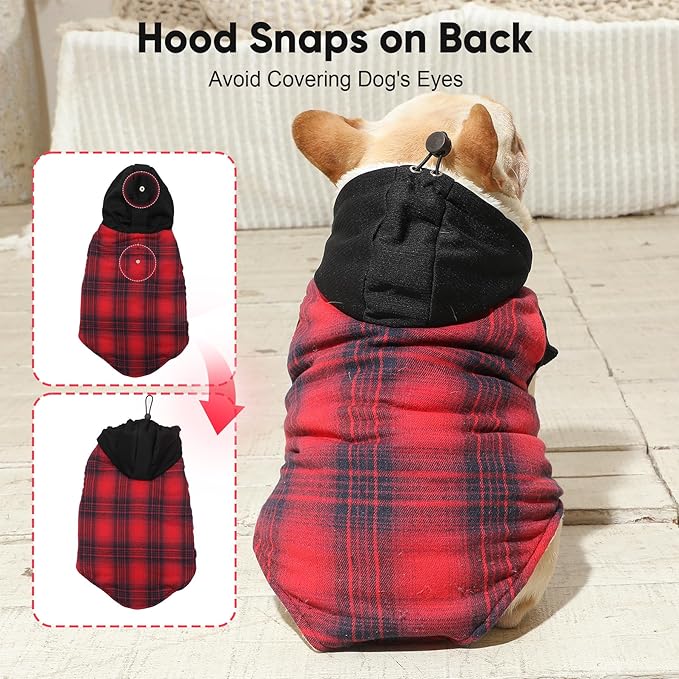 Vecomfy Fleece Lining Dog Hoodie for Medium Dogs Extra Warm Plaid Sweater with Drawstring Hooded Coats in Winter Puppy Jacket,Red L