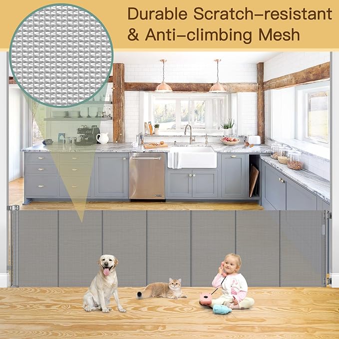Reinforced 159 Inch Extra Wide Retractable Dog Gate with Support Rods, Indoor/Outdoor Retractable Gate, Prevent Babies and Dogs from Crawling Through Mesh Baby Gates for Doorways Extra Wide, Gray