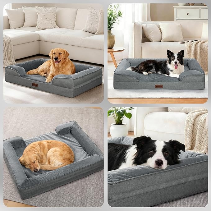 aodisman Orthopedic Dog Beds for Large Sized Dogs, Waterproof Memory Foam Big Size Pet Bed with Sides,Comfort Thick Egg-Crate Foam,Dog Couch Bed,Washable Cover & Non-Slip Bottom,Grey