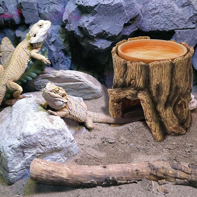 Cididu Reptile Hide Cave Resin, 2 in 1 Reptile Hideout Cave and Food Tray, Reptile Shelter with Detachable Food Bowl, Leopard Gecko Keeper Habitat Help Shedding for Amphibian, Snake, Lizard, Turtle