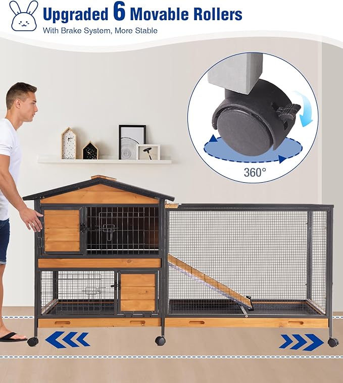 Large Rabbit Hutch Indoor with Chew-Proof Full Metal Frame, Bunny Cage Outdoor with 2-Story Guinea Pig Cages with 6 Wheels, 3 Pull-Out Trays, Waterproof Asphalt Roof, 62" L - Orange