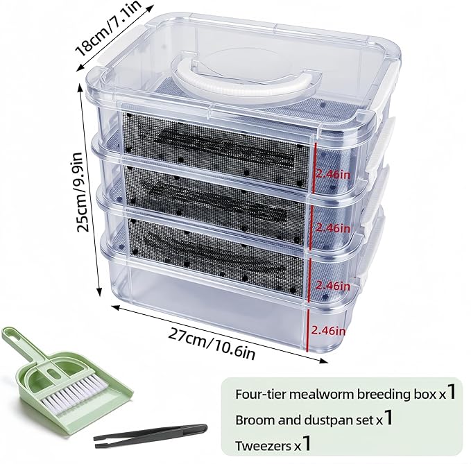 Mealworm Breeding Kit - 4 Layer High Capacity Mealworm Breeding Container, to Breed Live Mealworms, Reptiles, Lizards, Frogs,Tortoises, Includes Tweezers & Cleaning kit (10.6x7.1x10 in)