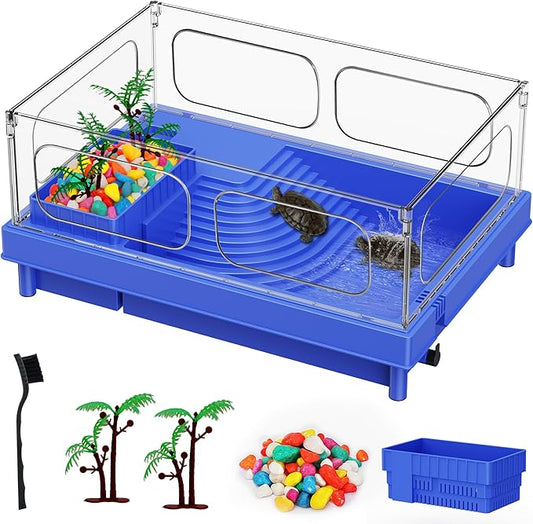 Blue Turtle Tank, Small Aquarium with Basking Platform, Basking, Feeding & Swimming Areas for Small Turtles