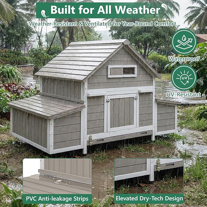 Large Chicken Coop Chicken House Outdoor with 6 Nesting Boxes & Pull-Out Tray for 4-6 Chickens, Wooden Backyard Hen House Poultry Cage with Weatherproof Openable Roof, 3 Perches, Expandable Run