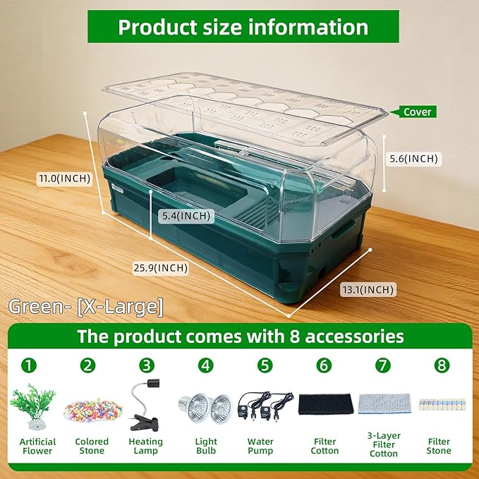 Turtle Tank Kit with 3-Stage Filter, Basking Platform & Heat Lamp - Complete Turtle Aquarium Habitat for Water Turtles, Enclosure or Hermit Crab Tank, Easy Drain Starter Kit Green, 25.9Inch