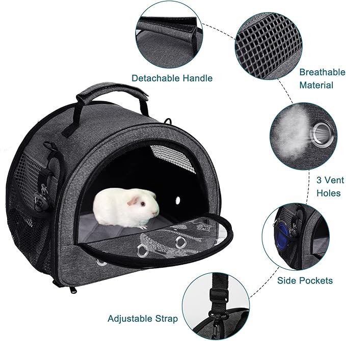 Guinea Pig Carrier, Small Pet Hamster Carrier Bag, Rabbit Bunny Travel Carrier Outdoor Handbag, Breathable Carrier for Small Animals with Water Bottle Holder & Removable Liner (Black)