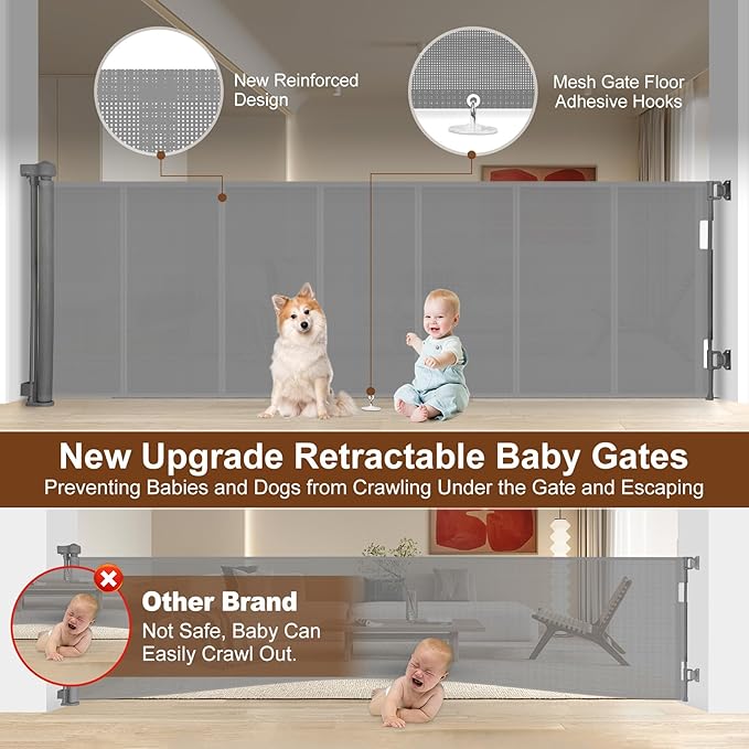 Miumoon 150 inch Retractable Baby Gates 42 inch Tall, Retractable Gate with Reinforced Strip Design to Prevent Crawling Through, 12 FT Extra Wide Retractable Dog Gate for Indoor/Outdoor