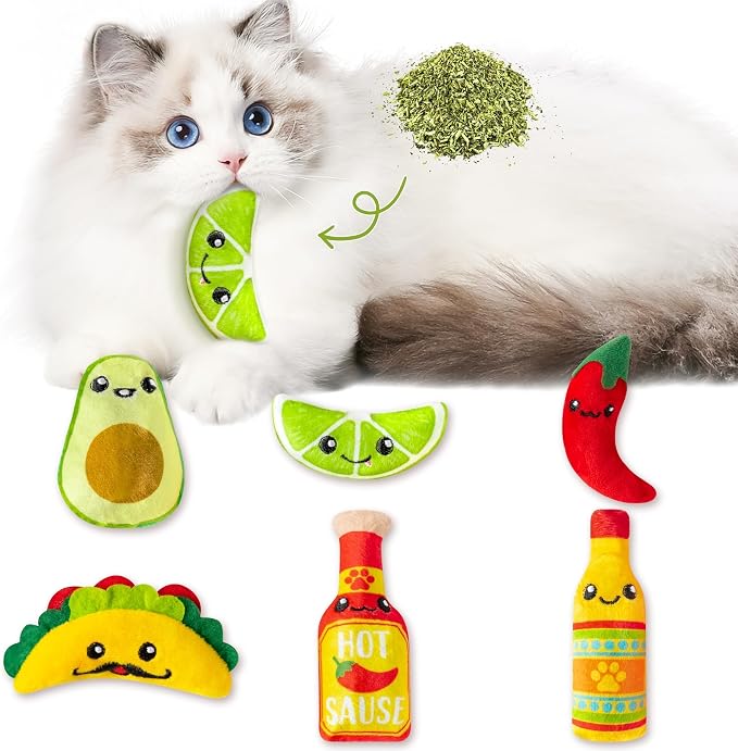 L1rabe Mexican Catnip Stuffed Toys - 6P Black Cat Appreciation Day Carnival Funny Cat Toys for Cat Lovers Gifts, Cute Taco Hot Sause Avocado Lime Indoor Kitten Chew Bite Kick Interactive Pet Supplies by L1rabe