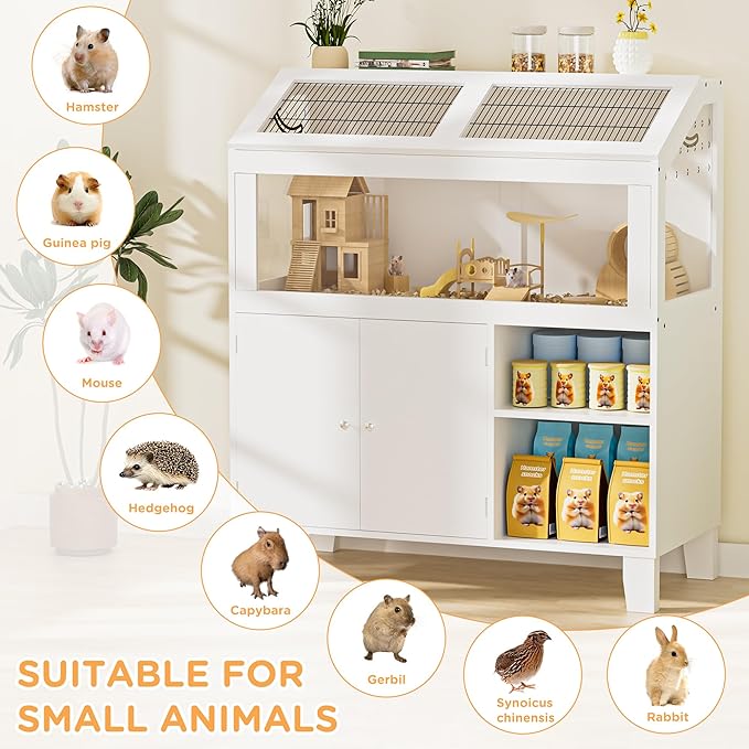 Hamster Cage with Storage Cabinet, Hamster Cage Large, Large Hamster Habitat with Easy View Acrylic Panels, Wooden Small Animal Cages for Guinea Pigs, Rabbits, Gerbils, Hedgehogs, White